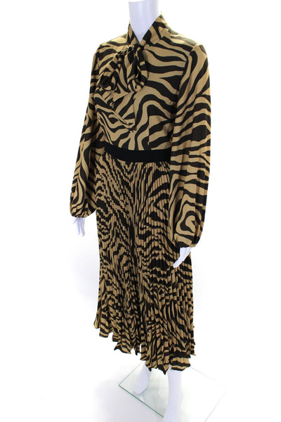 Toccin Womens Brown Printed Pleated V-Neck Long Sleeve Shift Dress Size 0