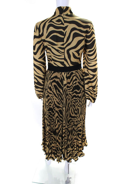 Toccin Womens Brown Printed Pleated V-Neck Long Sleeve Shift Dress Size 0