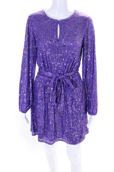 LDT Womens Purple Sequins Peep Front Belt Long Sleeve Shift Dress Size 2