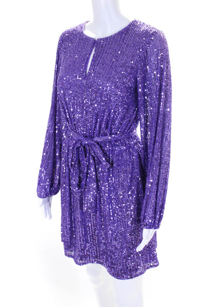 LDT Womens Purple Sequins Peep Front Belt Long Sleeve Shift Dress Size 2