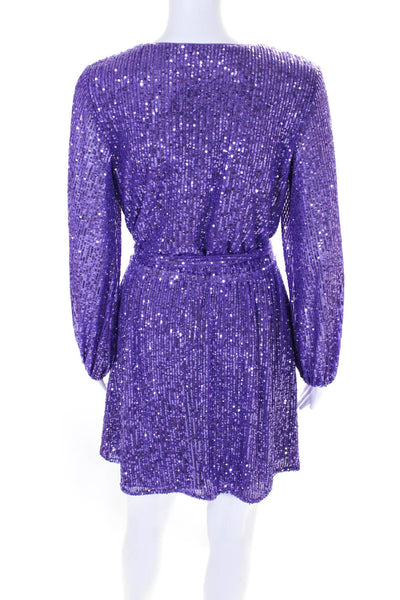 LDT Womens Purple Sequins Peep Front Belt Long Sleeve Shift Dress Size 2