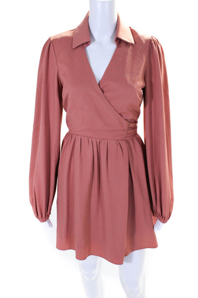 Toccin Womens Pink Textured Collar V-Neck Lined Long Sleeve Wrap Dress Size 2