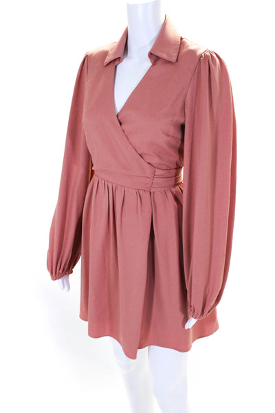 Toccin Womens Pink Textured Collar V-Neck Lined Long Sleeve Wrap Dress Size 2