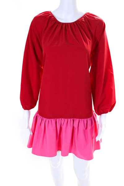 LDT Womens Red Pink Color Block Crew Neck Long Sleeve A-Line Dress Size 0