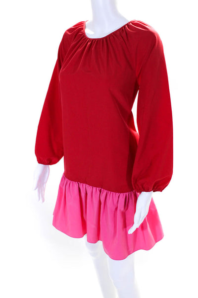 LDT Womens Red Pink Color Block Crew Neck Long Sleeve A-Line Dress Size 0