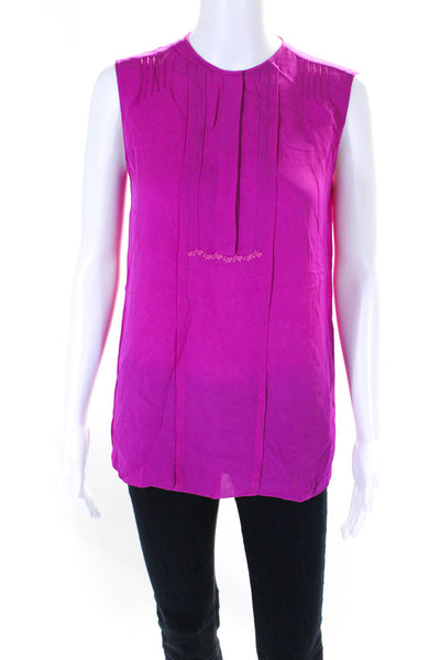 T Tahari Womens Sleeveless Half Button Crew Neck Silk Top Blouse Pink Size Small