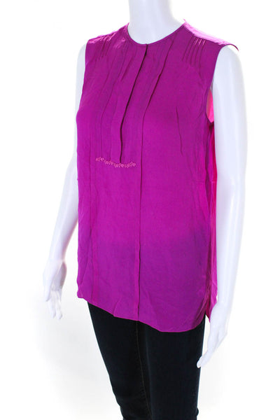 T Tahari Womens Sleeveless Half Button Crew Neck Silk Top Blouse Pink Size Small