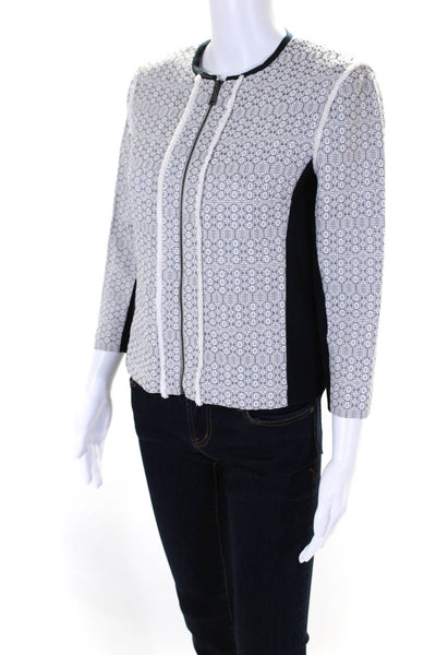 T Tahari Womens Front Zip 3/4 Sleeve Crew Neck Knit Jacket White Black Small