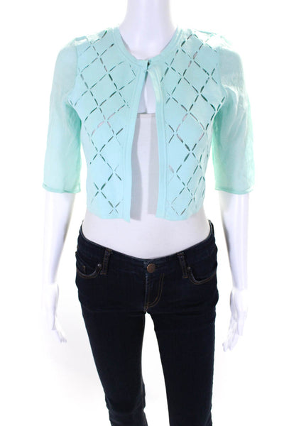 Elie Tahari Womens Hook Front Crew Neck Knit Cardigan Sweater Turquoise Small