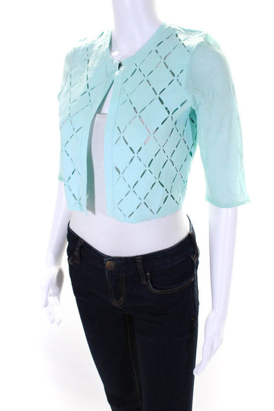 Elie Tahari Womens Hook Front Crew Neck Knit Cardigan Sweater Turquoise Small