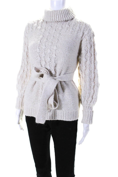 Toccin Womens Thick Knit Belted Turtleneck Sweater White Gold Size Extra Small