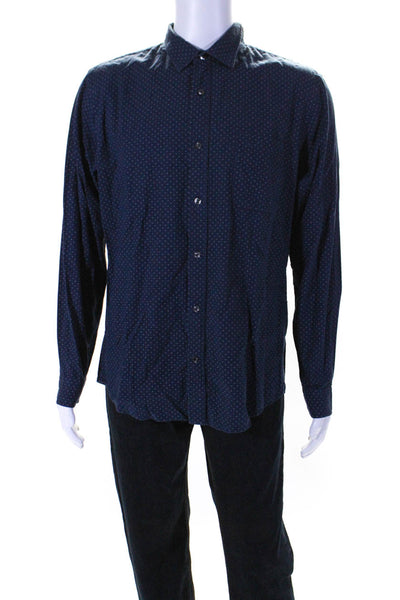 Vince Mens Navy Blue Cotton Printed Long Sleeve Button Down Dress Shirt Size L