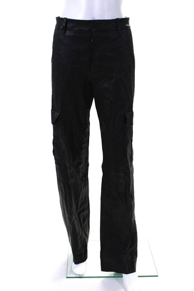 SPRWMN Womens Lamb Leather Hook Closure Mid-Rise Cargo Pants Black Size S