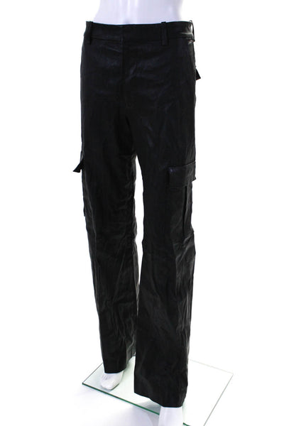 SPRWMN Womens Lamb Leather Hook Closure Mid-Rise Cargo Pants Black Size S