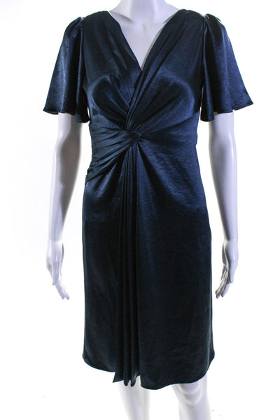 Elie Tahari Womens Pleated Knotted Short Sleeve Zipped Midi Dress Blue Size S