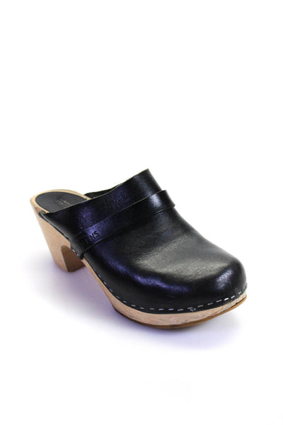 Swedish Hasbeens Womens Slip On Heeled Clogs Leather Black Size 9.5 US