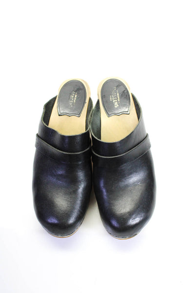 Swedish Hasbeens Womens Slip On Heeled Clogs Leather Black Size 9.5 US