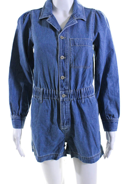 Madewell Womens Blue Medium Wash Collar Button Long Sleeve Denim Romper Size XXS