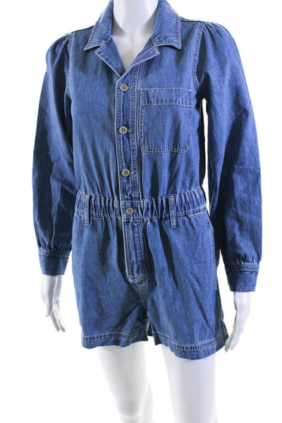 Madewell Womens Blue Medium Wash Collar Button Long Sleeve Denim Romper Size XXS