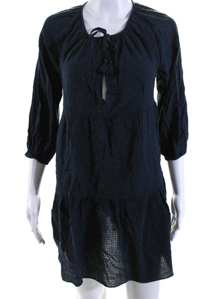 J Crew Womens Navy Cotton Textured V-Neck Long Sleeve Mini A-Line Dress Size XS