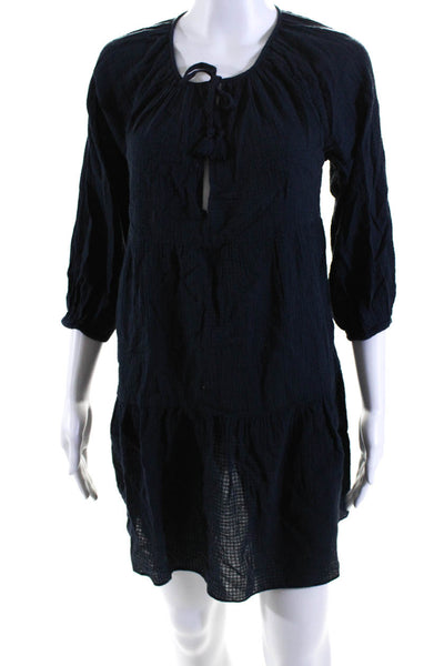 J Crew Womens Navy Cotton Textured V-Neck Long Sleeve Mini A-Line Dress Size XS