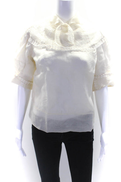 Paul & Joe Womens White Silk Embroider High Neck Short Sleeve Blouse Top Size S