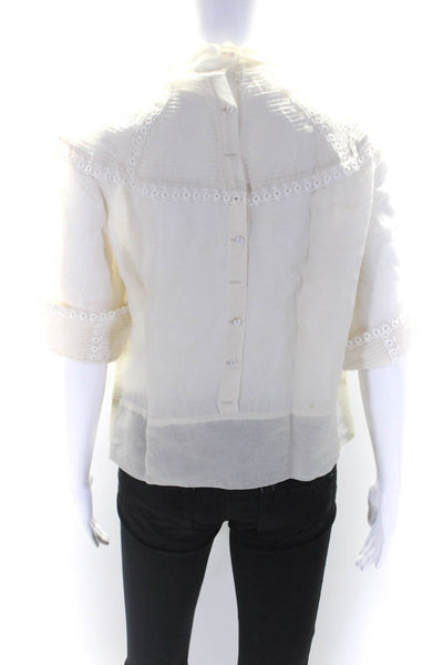 Paul & Joe Womens White Silk Embroider High Neck Short Sleeve Blouse Top Size S