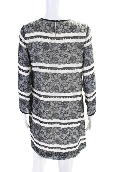 J Crew Collection Womens 3/4 Sleeve Striped Lace Printed Silk Dress White Gray 6