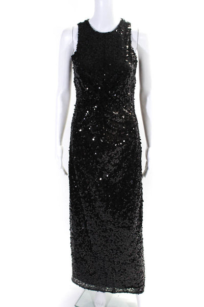 LDT Womens Black Sequins Crew Neck Twist Detail Sleeveless Gown Dress Size 2