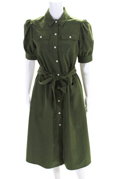 LDT Womens Dark Green Collar Button Down Puff Short Sleeve Shift Dress Size 4