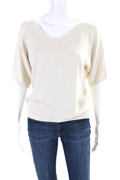 Dokotoo Womens Mitered Pointelle Knit Short Sleeve V Neck Sweater Beige Small