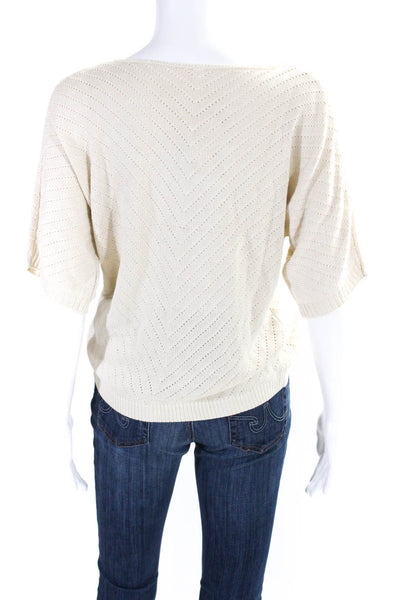 Dokotoo Womens Mitered Pointelle Knit Short Sleeve V Neck Sweater Beige Small