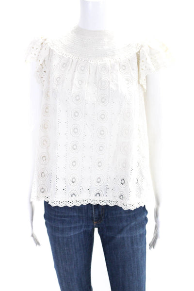 Ulla Johnson Womens Eyelet Lace High Neck Flutter Sleeve Top Blouse White Size 2