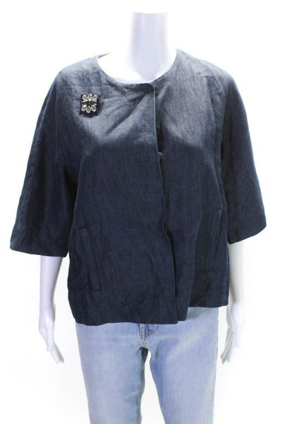 Weekend Max Mara Womens 3/4 Sleeve Button Down Embellished Blouse Blue Medium