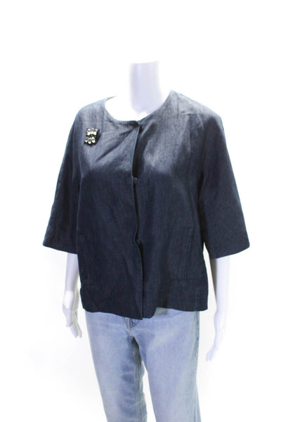 Weekend Max Mara Womens 3/4 Sleeve Button Down Embellished Blouse Blue Medium