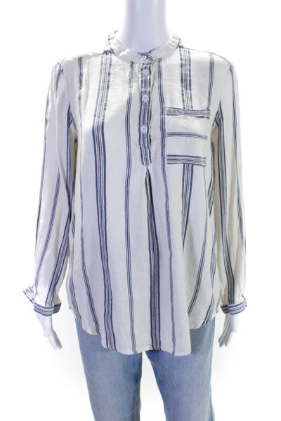 Sea New York Womens Long Sleeve Quarter Button Striped Shirt White Blue Size 2