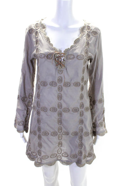 Letarte Handmade Womens 3/4 Sleeve Eyelet V Neck Mini Dress Gray Size Medium