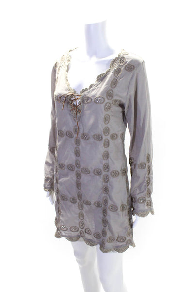 Letarte Handmade Womens 3/4 Sleeve Eyelet V Neck Mini Dress Gray Size Medium