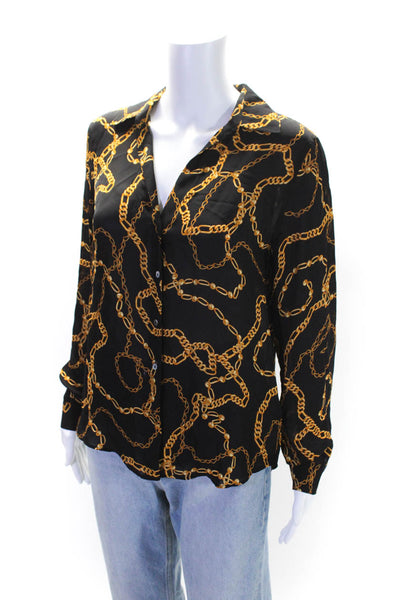 Elie Tahari Womens Silk Crepe Chain Printed Button Up Blouse Top Black Size S