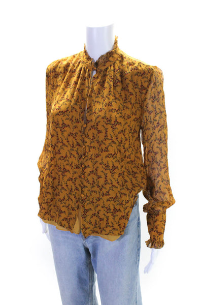 Jonathan Simkhai Womens Silk Chiffon Floral Print V-Neck Blouse Top Gold Size S