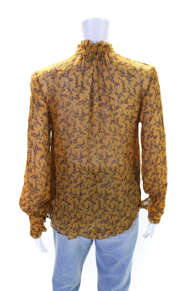 Jonathan Simkhai Womens Silk Chiffon Floral Print V-Neck Blouse Top Gold Size S