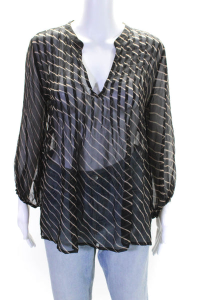 Joie Womens Silk Chiffon Striped V-Neck Long Sleeve Blouse Top Black Size S