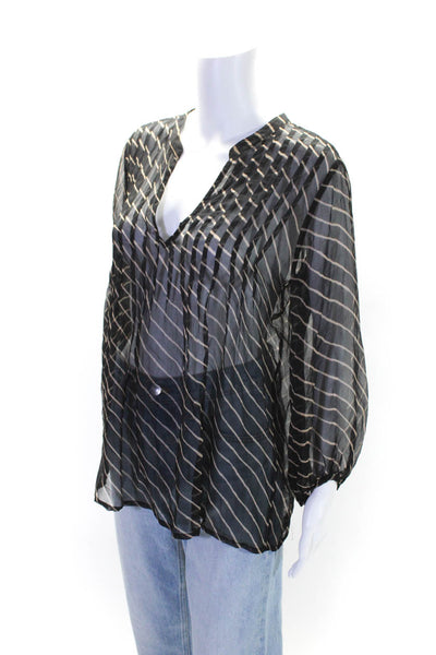 Joie Womens Silk Chiffon Striped V-Neck Long Sleeve Blouse Top Black Size S