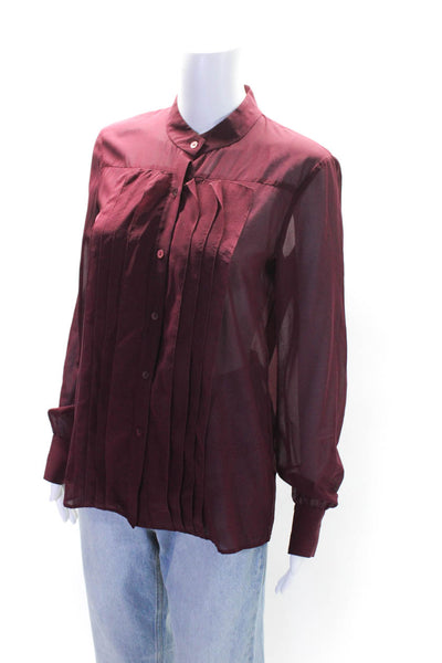 Theory Womens Silk Chiffon Pleated Button Up Mock Neck Blouse Top Red Size S