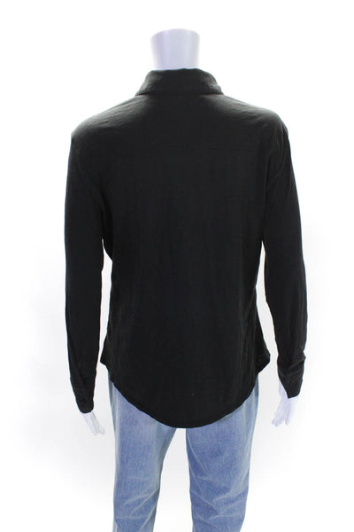 Theory Womens Cotton Jersey Knit Collared V-Neck Long Sleeve Tee Black Size L