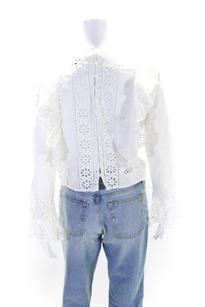 Sea New York Womens White Cotton Eyelet Ruffle Long Sleeve Blouse Top Size 2