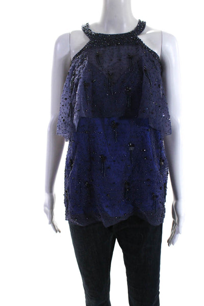 Elie Tahari Womens Cold Shoulder Crew Neck Beaded Crystal Top Blue Size Small