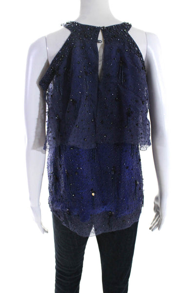 Elie Tahari Womens Cold Shoulder Crew Neck Beaded Crystal Top Blue Size Small