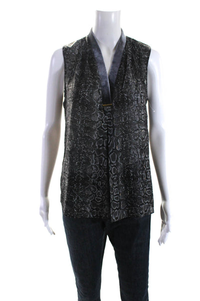 T Tahari Womens Sleeveless V Neck Snakeskin Print Top Blouse Gray Size Small