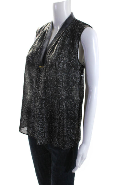 T Tahari Womens Sleeveless V Neck Snakeskin Print Top Blouse Gray Size Small